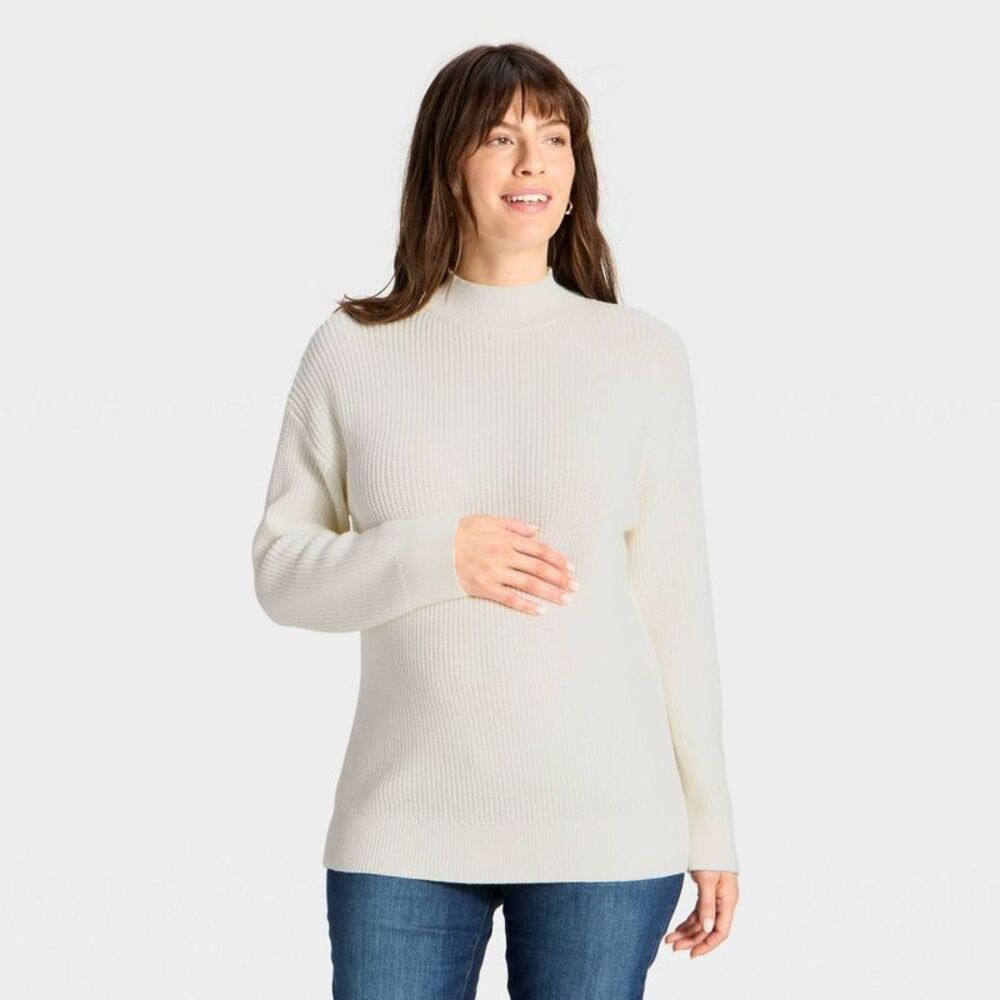 Mock Turtleneck Tunic Maternity Pullover Sweater - Cream S